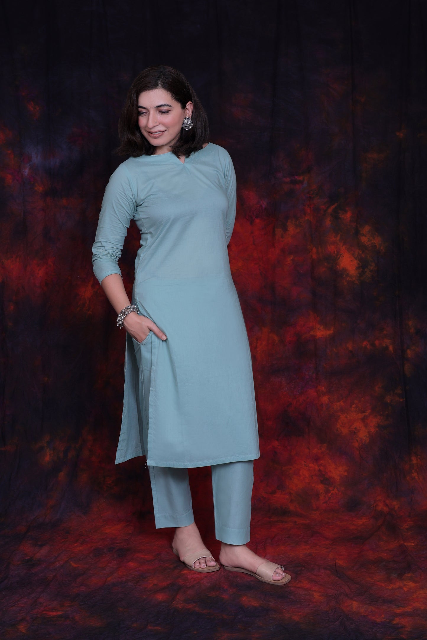 Teal Green Plain Straight Suit Set with Organza Dupatta (Set of 3)