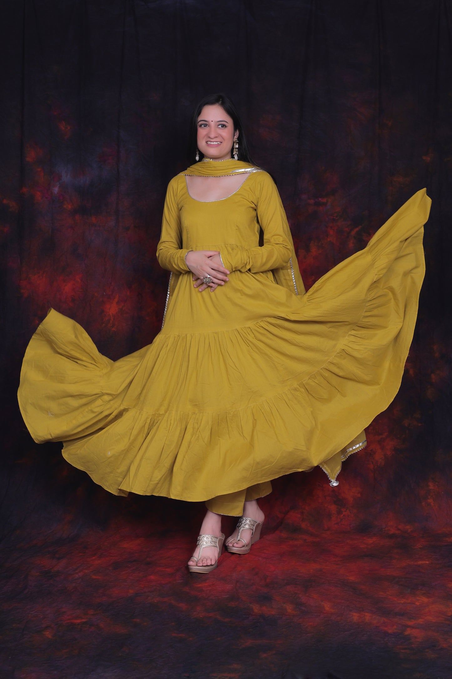 Royal Mustard Frill Anarkali Suit with Sequin Work Mulmul Dupatta (Set of 3)