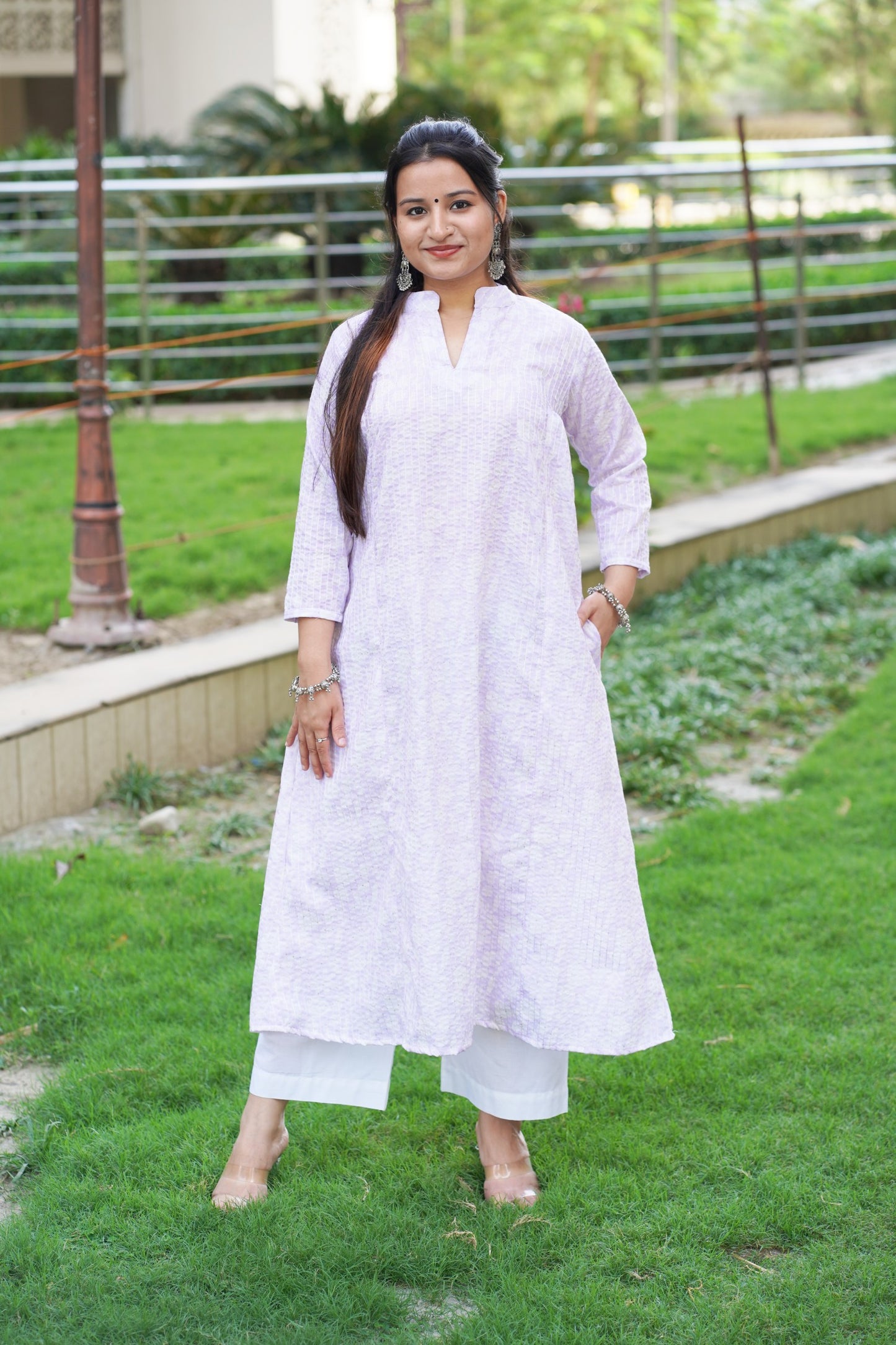 Lavender Floral Print Flared Kurti and Pants Set With Sequin Work