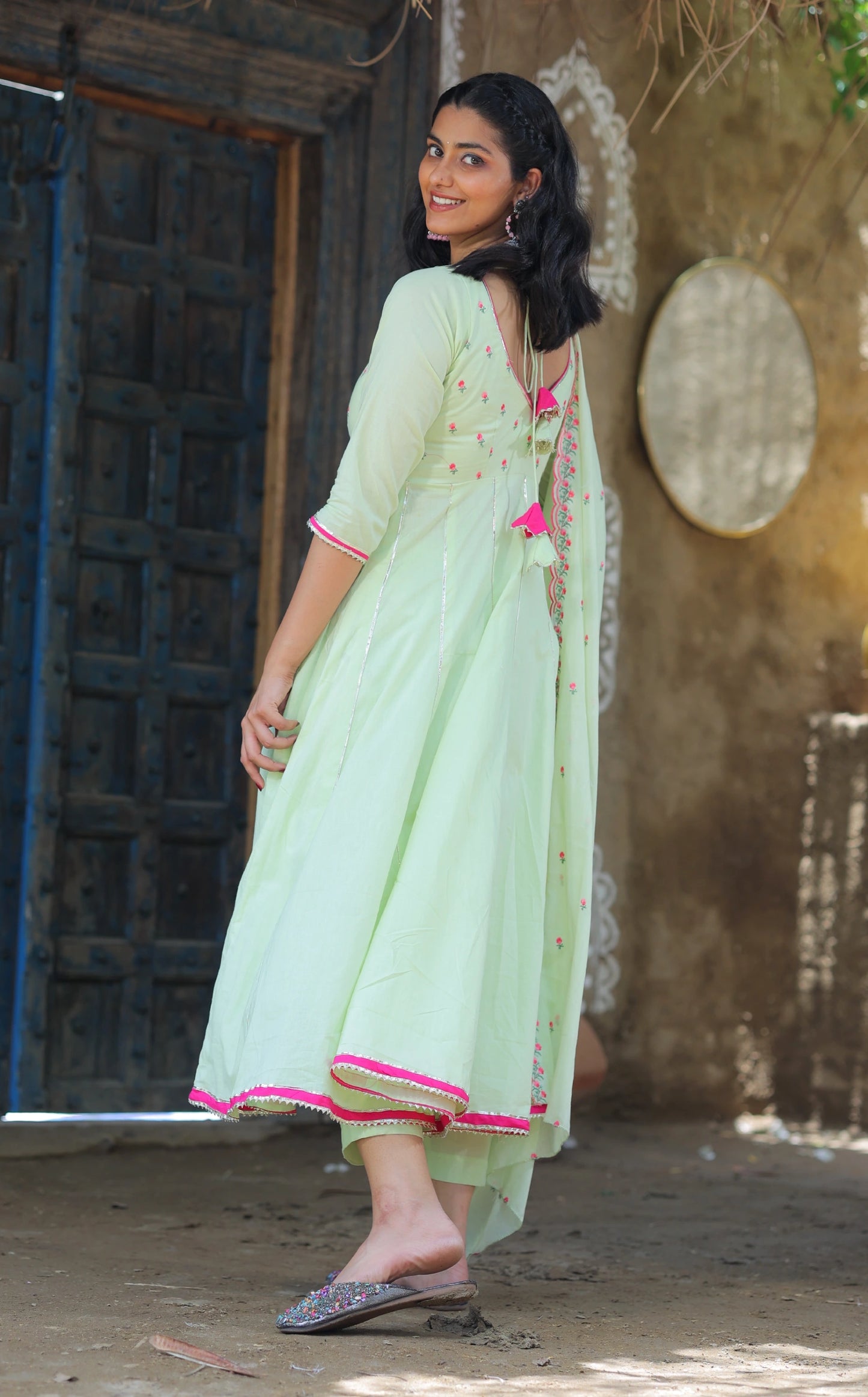 Pastel Green Embroidered Anarkali Suit with Embroidered Mulmul Dupatta (Set of 3)