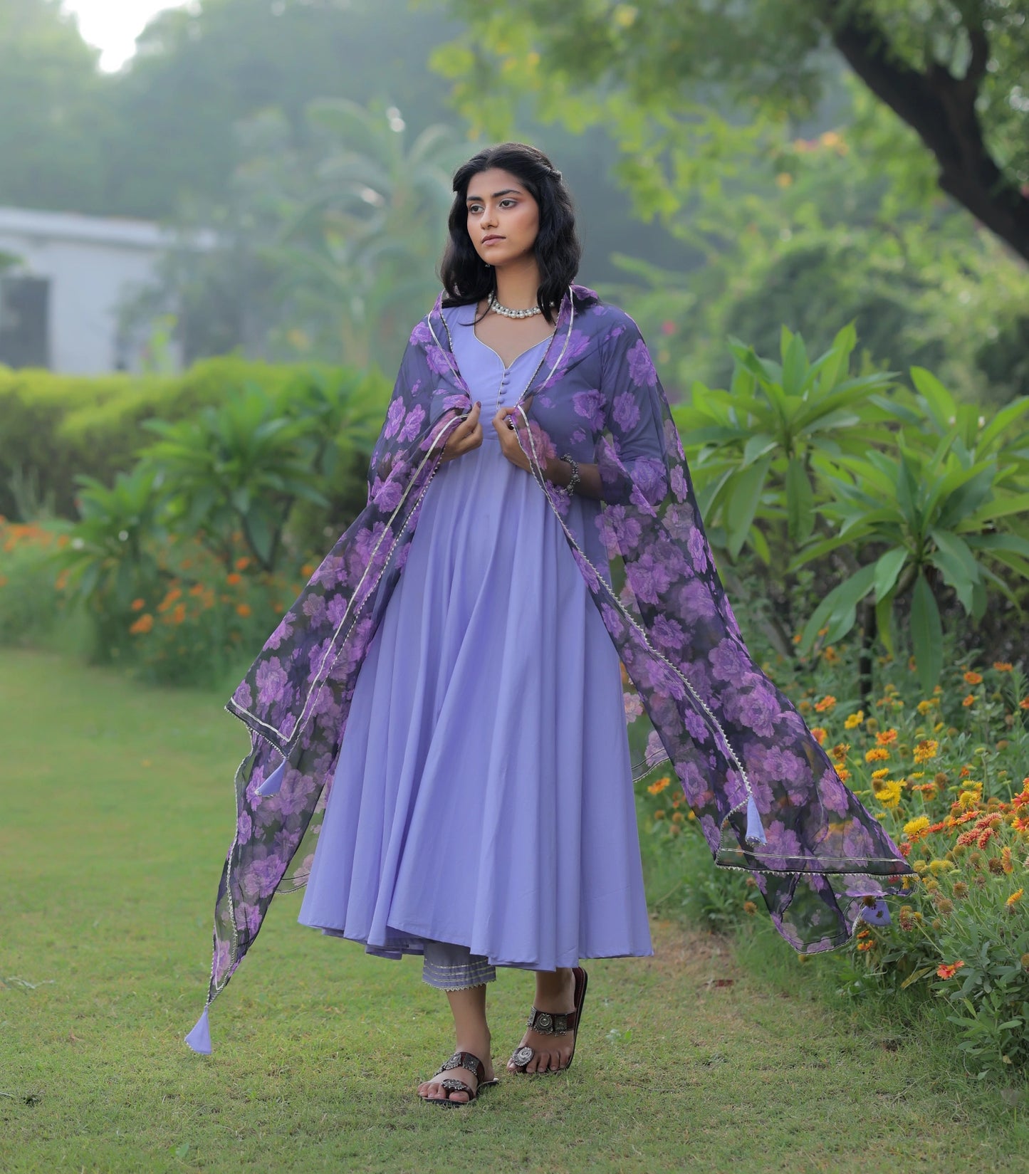 Lilac Anarkali Suit with Printed Organza Dupatta (Set of 3)
