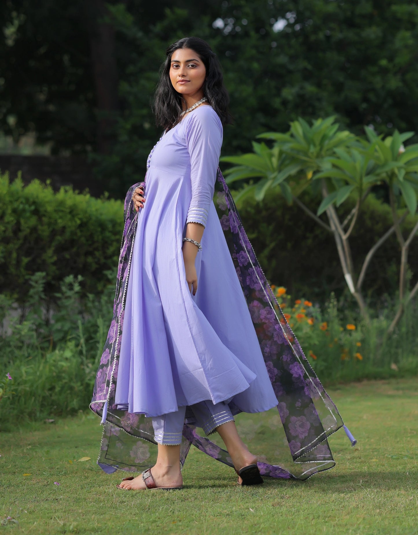 Lilac Anarkali Suit with Printed Organza Dupatta (Set of 3)