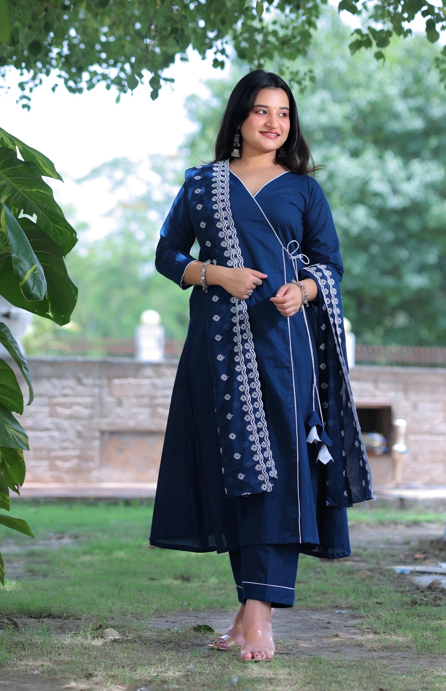 Electric Blue Angrakha A-Line Suit with Embroidered Mulmul Dupatta (Set of 3)