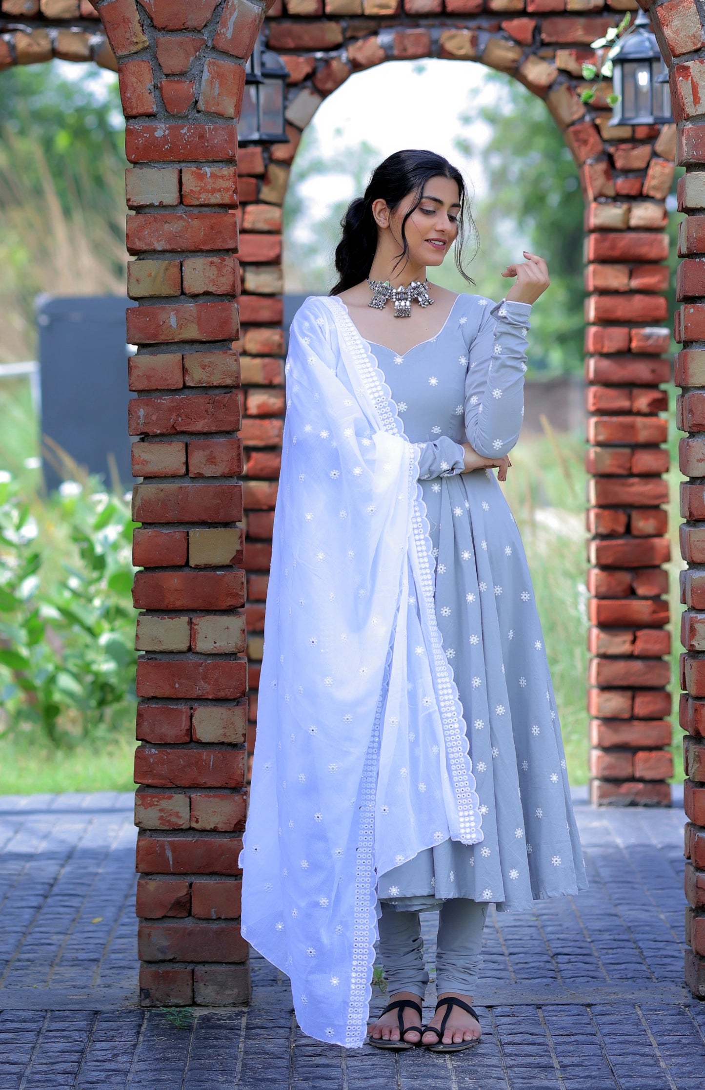 Grey Embroidered Anarkali Suit with Embroidered Mulmul Dupatta (Set of 3)